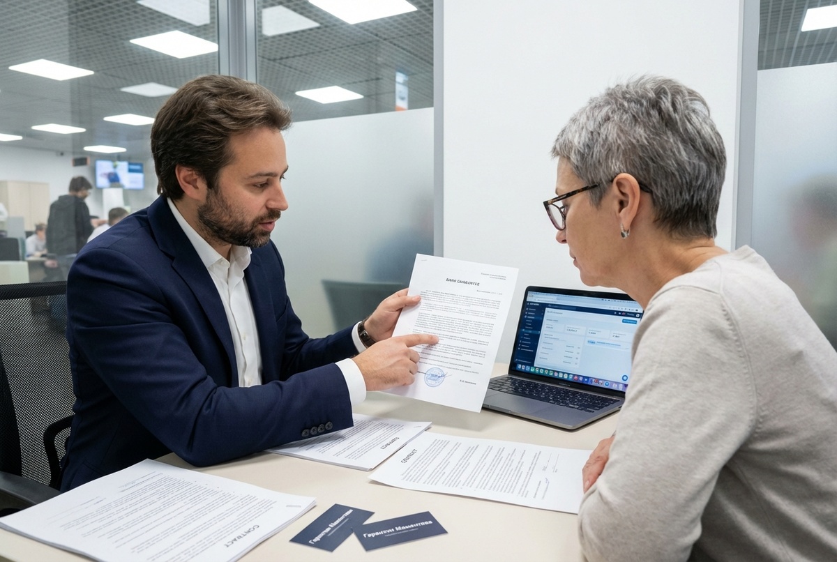 электронная форма банковской гарантии — специалист работает с документами на мониторе в офисе