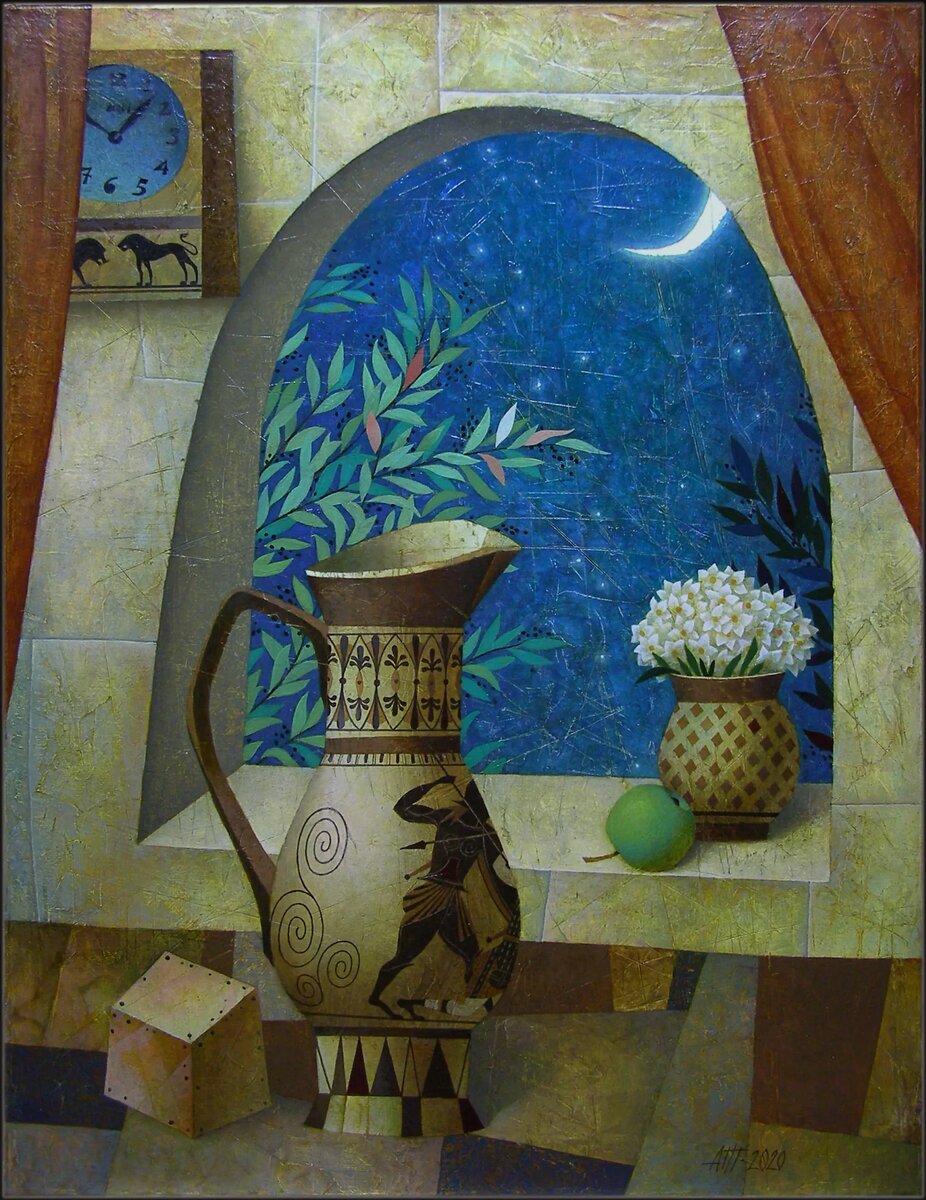 © Александр Тринеев. Ночной натюрморт с белым месяцем. Холст, масло. 80 60 см. 2020.