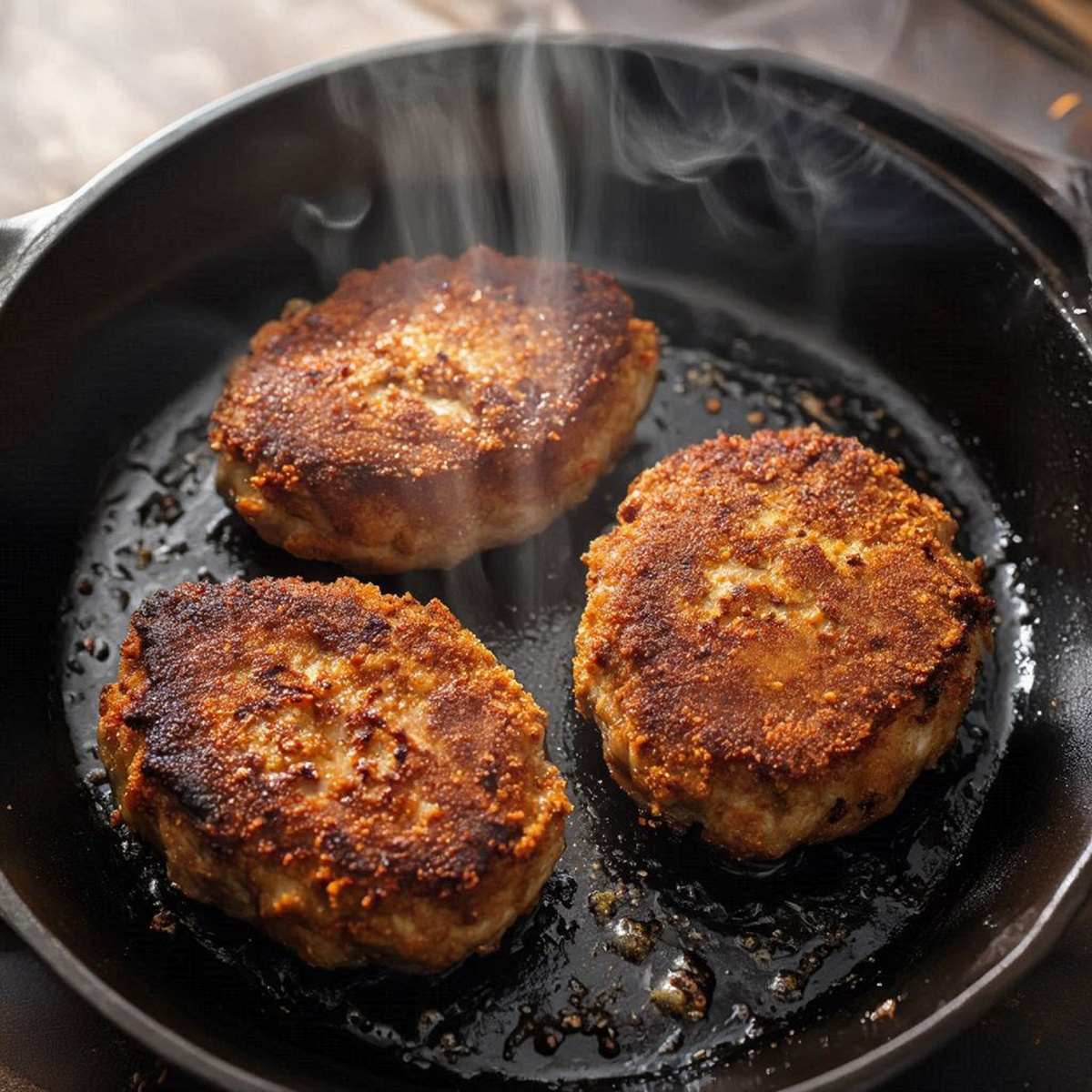 Румяные котлеты на сковороде, поджаристая корочка