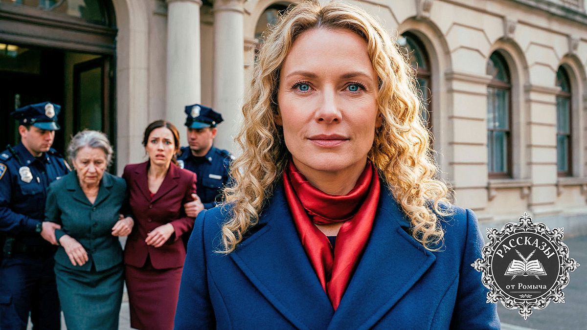 Торжествующая женщина в ярко-красном аксессуаре на фоне ареста родственников-мошенников