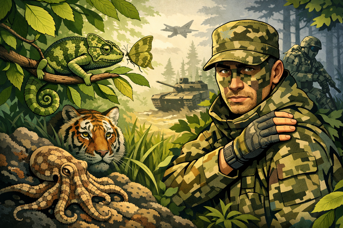 Слово «камуфляж» пришло к нам из французского языка (camouflage) и означает «маскировка»