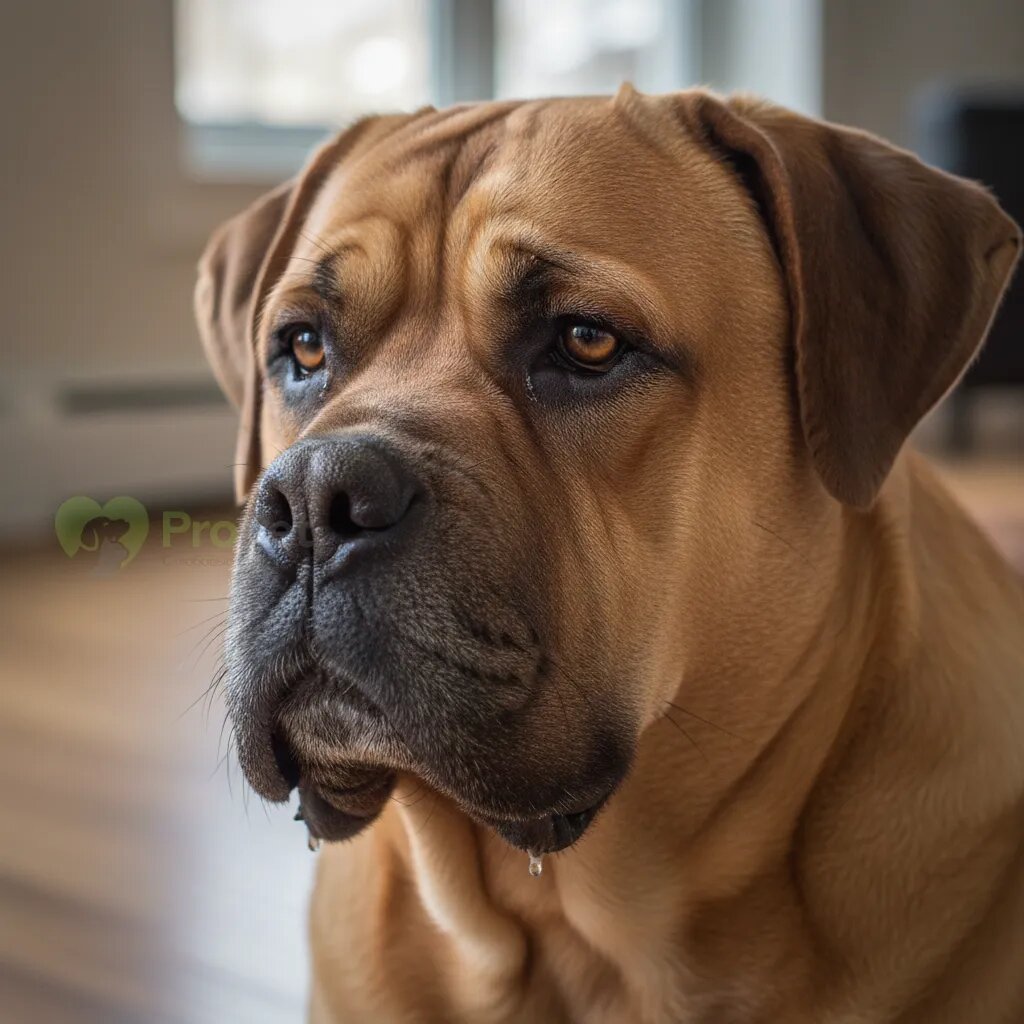 Портрет бордоского дога крупным планом с задумчивым взглядом