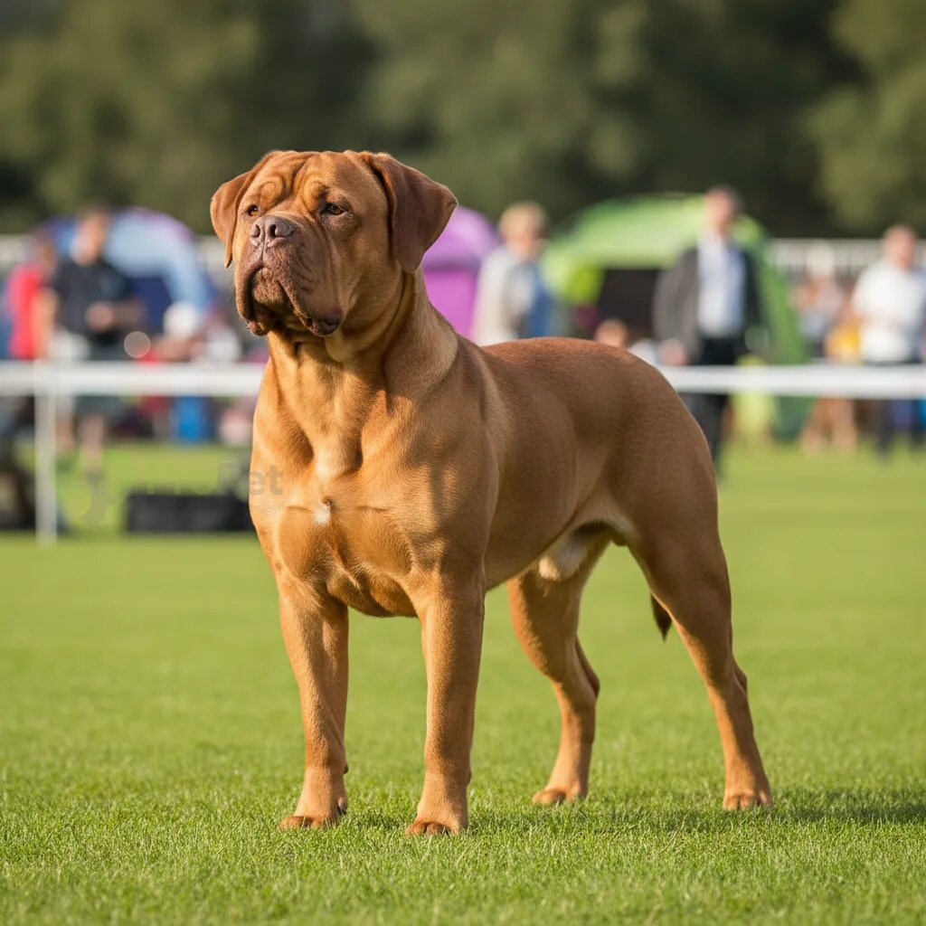 Бордоский дог в выставочной стойке, демонстрирующий мускулатуру