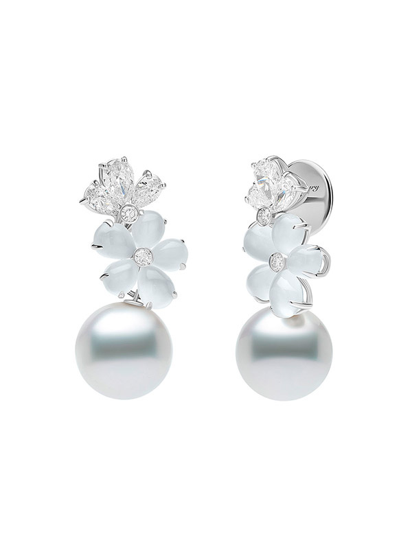 Серьги Mercury Flower из белого золота с жемчугом, бриллиантами и лунными камнями