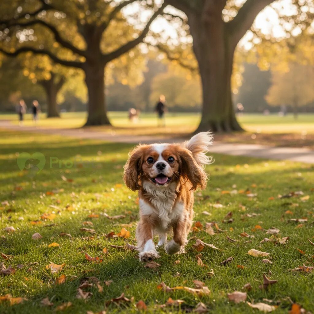 Счастливый кавалер кинг чарльз спаниель на прогулке