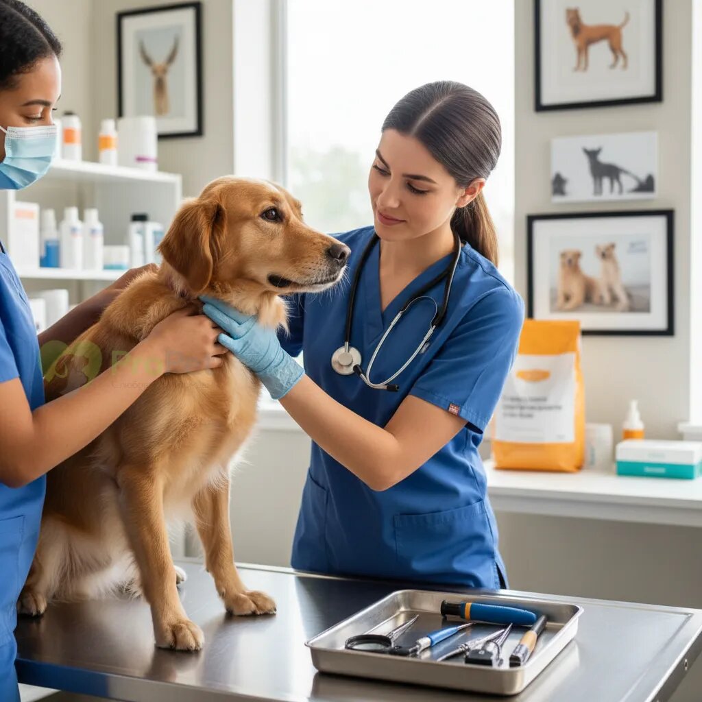 Ветеринар осматривает собаку на столе