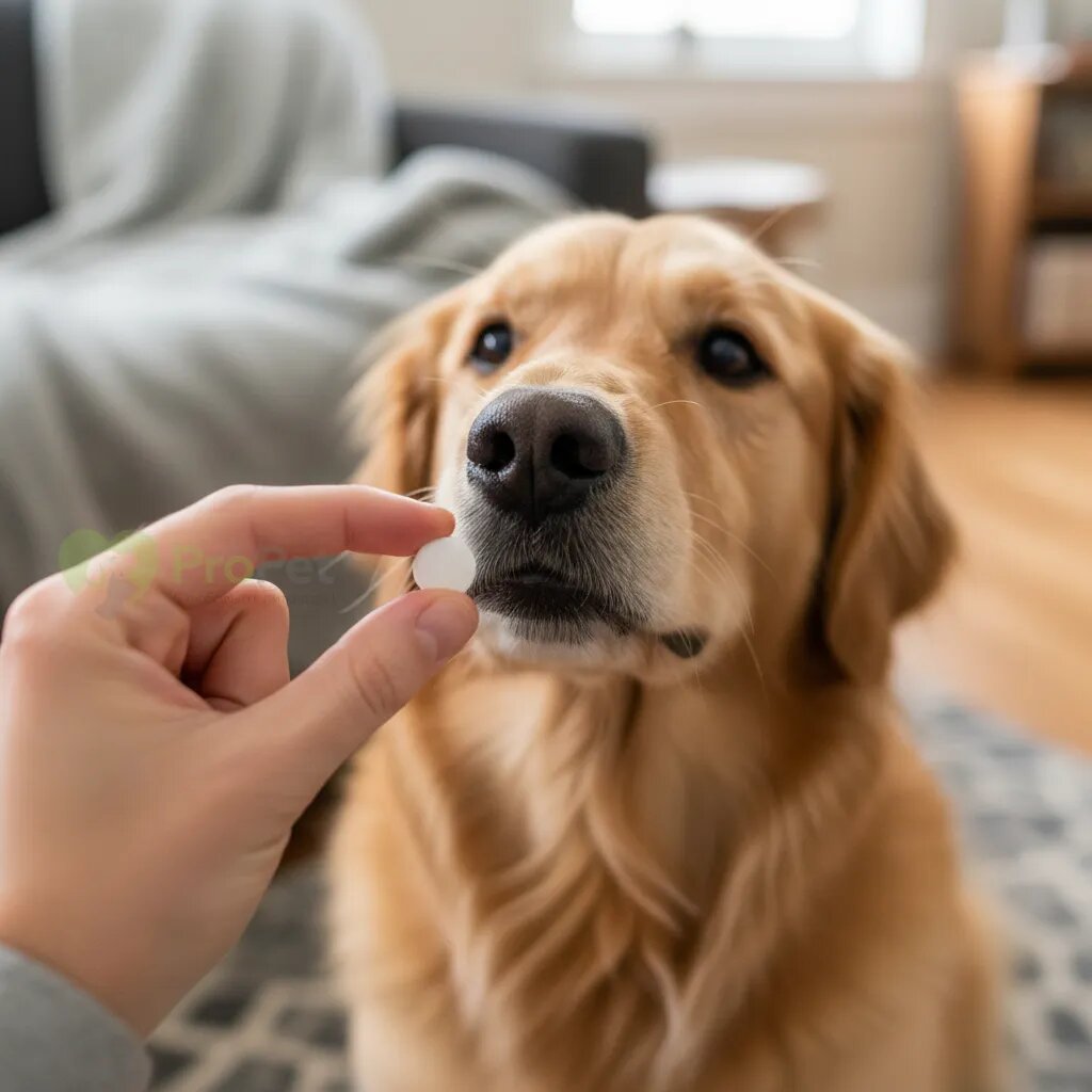 Рука человека держит таблетку рядом с мордой собаки