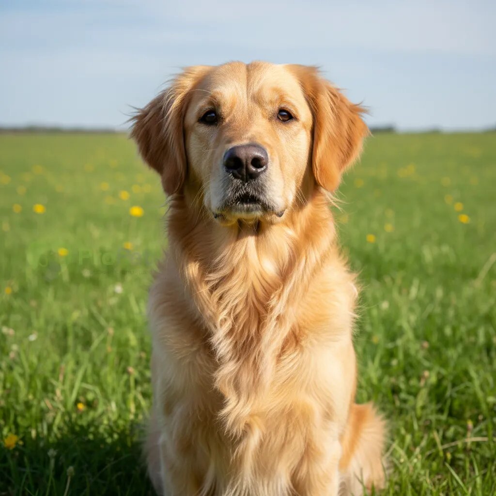 Собака породы золотистый ретривер смотрит в камеру, сидя на траве.