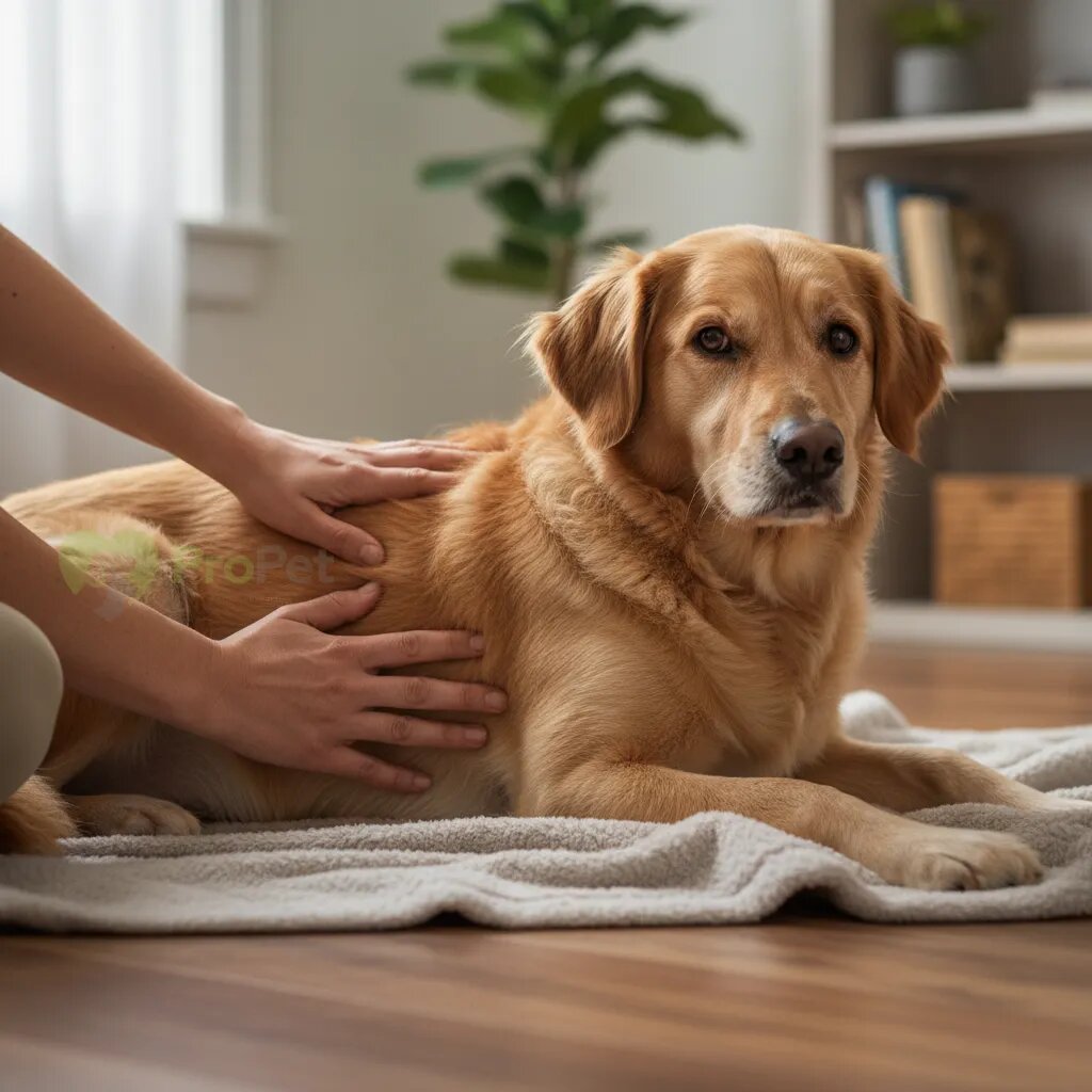 Руки владельца аккуратно прощупывают бок собаки на предмет уплотнений.