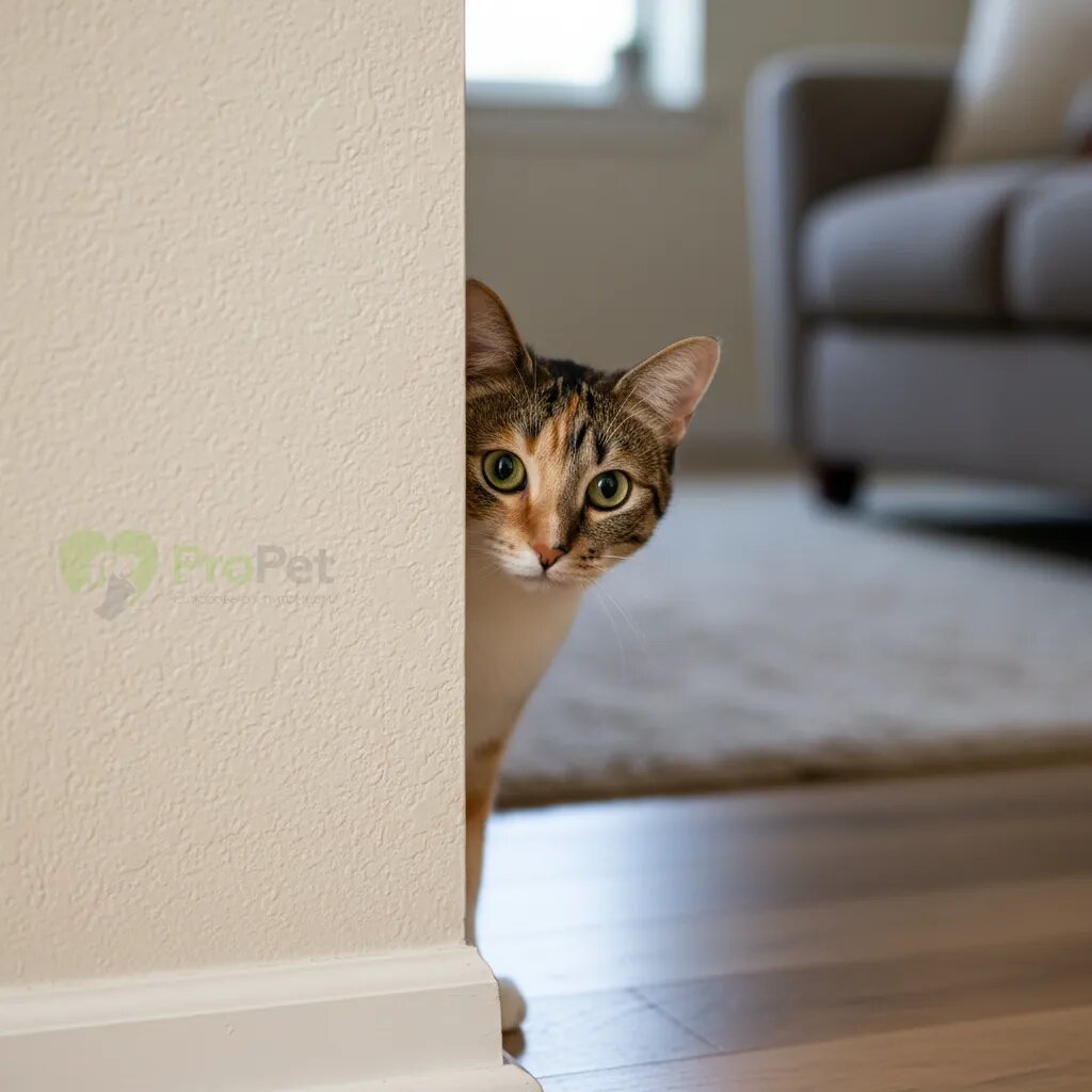 Кошка настороженно выглядывает из-за угла, наблюдая за обстановкой