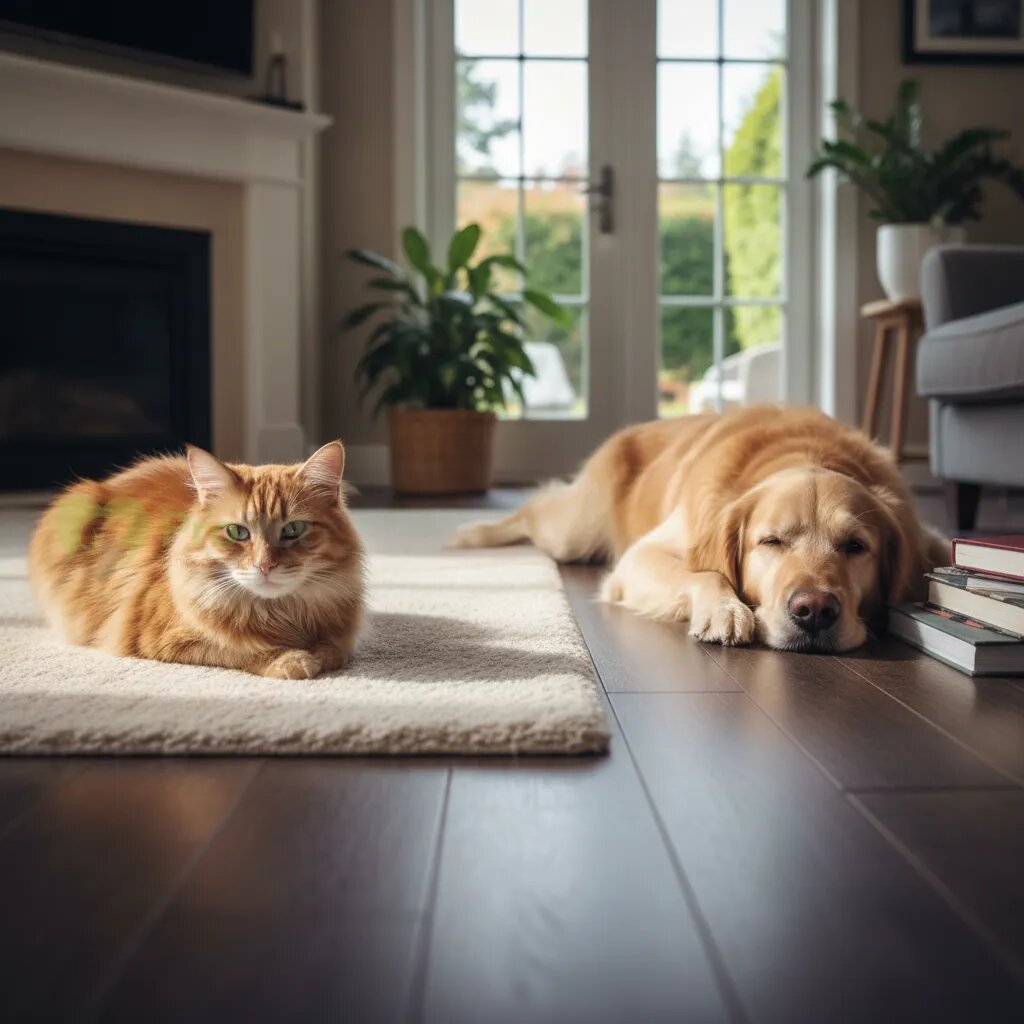 Спокойная кошка и собака лежат на расстоянии друг от друга в одной комнате
