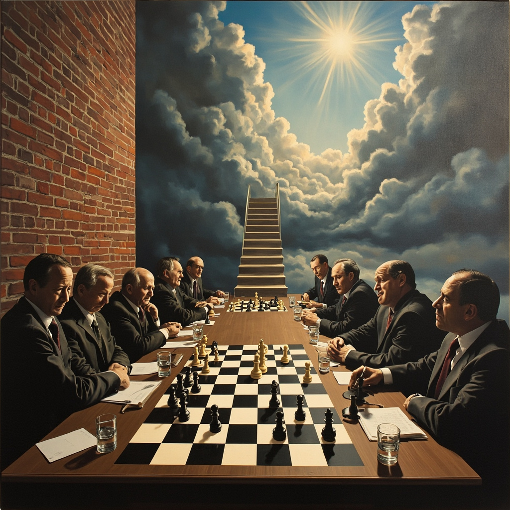 2026 г. Конференц-зал в Женеве. Кирпичная стена - тупик. Лестница, ведущая к облакам - прогресс. Переговорщики растерянно смотрят на шахматную доску , где все фигуры - ферзи. 