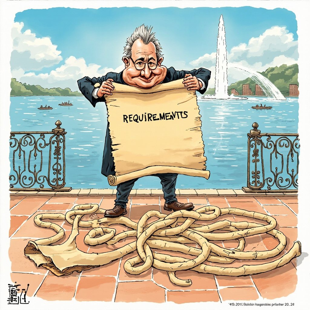 Женева-2026 г. : Дипломат держит в руках массивный  свиток  с названием "Требования" , такой длинный, что даже на полу образуется  лабиринт . На заднем плане - Женевское озеро и Фонтан Джет д'О. 