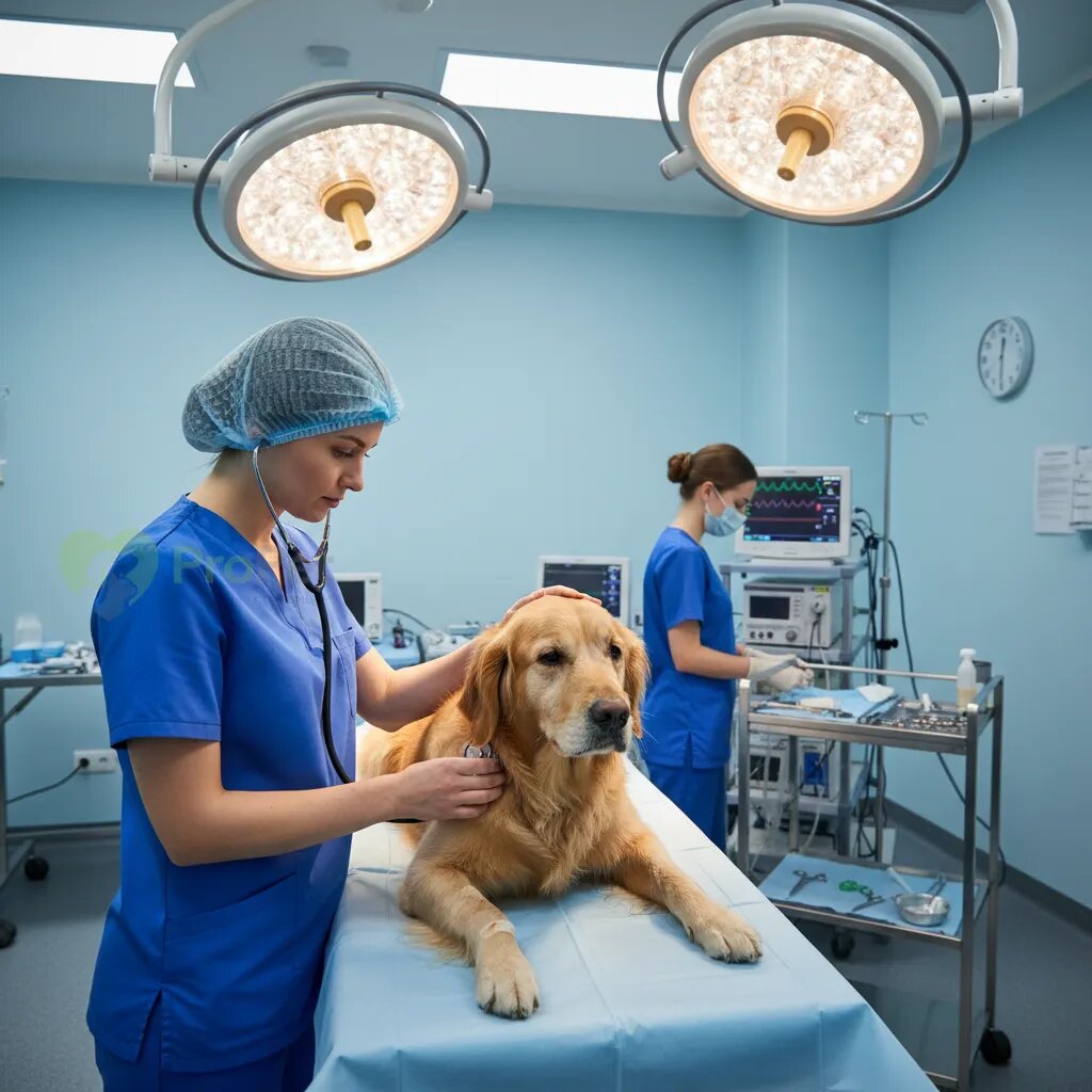 Ветеринар осматривает собаку перед операцией