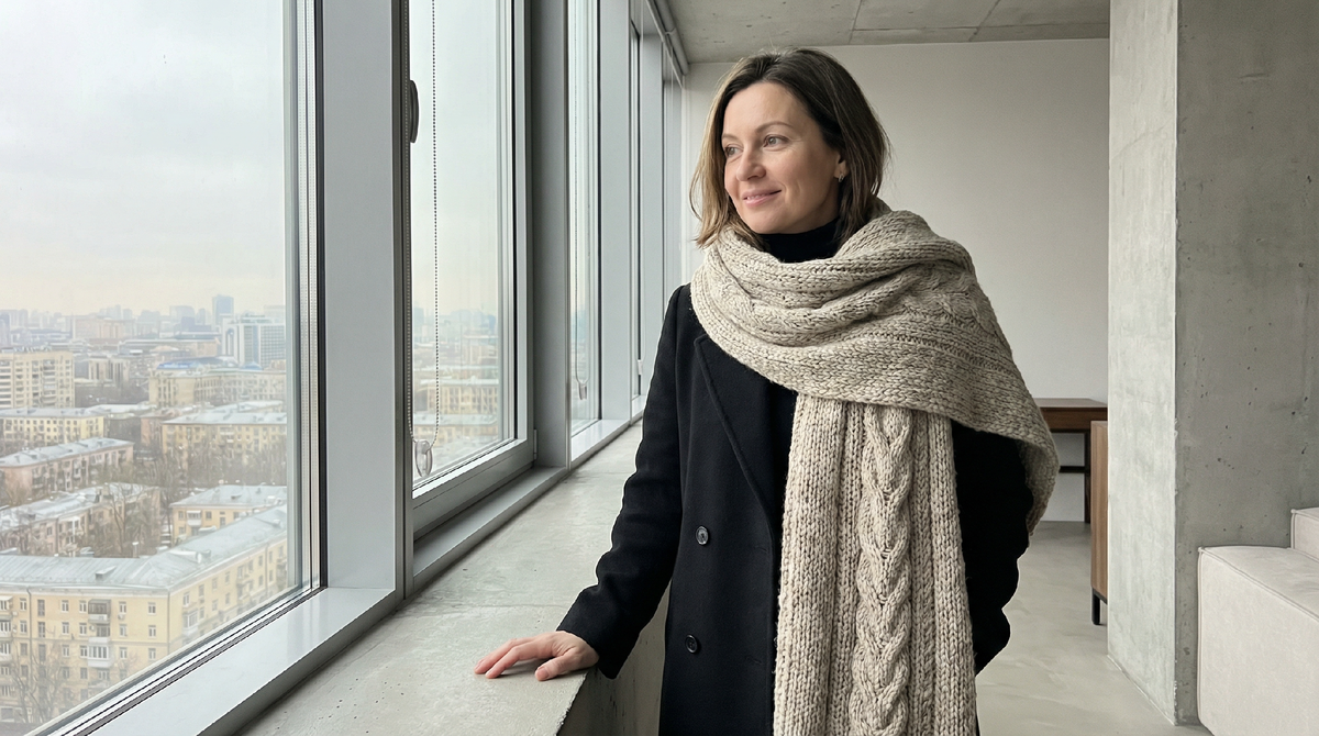 Фактурный шарф требует спокойного фона - пальто, обувь и сумка в одной гамме