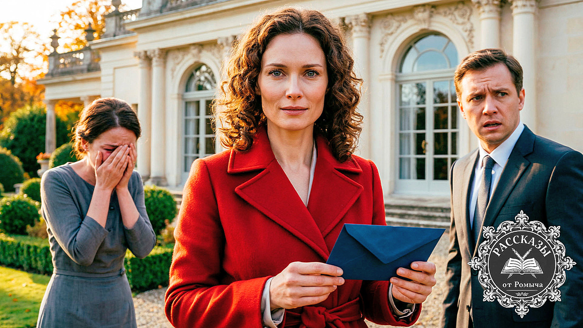 Женщина в красном пальто с синим конвертом в руках на фоне семейного конфликта у загородного дома