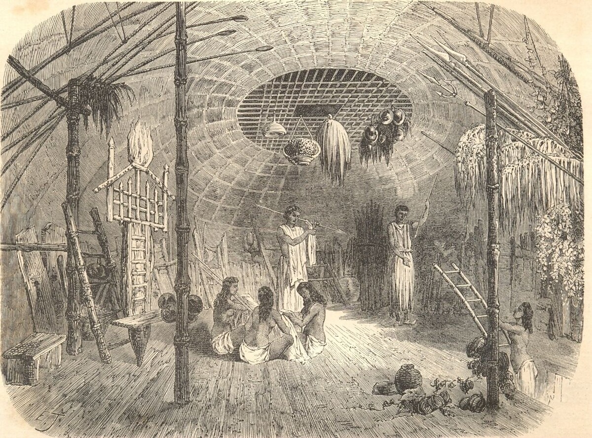     Неизвестный художник. Интерьер хижины на острове Кар-Никобар, из книги «Путь в мир», 1860 г.