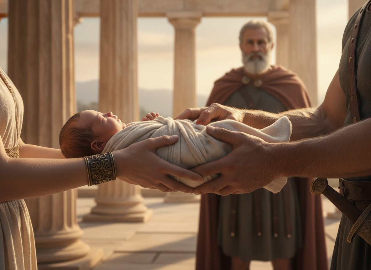 В Спарте новорождённый не принадлежал родителям — он принадлежал полису. Молодые и старые руки, передающие младенца, — это не метафора, а буквальная иллюстрация закона: если старый муж не мог зачать, он приглашал молодого воина. А если и тот не подходил, находился третий. Главное, чтобы ребёнок родился сильным.