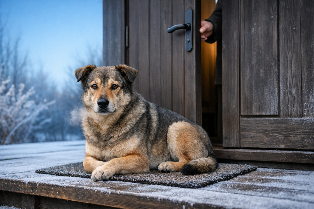 Незнакомый пёс на морозном крыльце ждёт, не требуя внимания