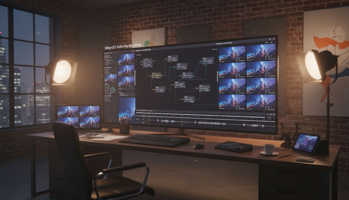 Экран с несколькими вариантами видеосцен, сгенерированных Kling v2.5 Turbo Pro. Видны раскадровка, таймлайн и разные стилистические версии одного и того же сюжета.