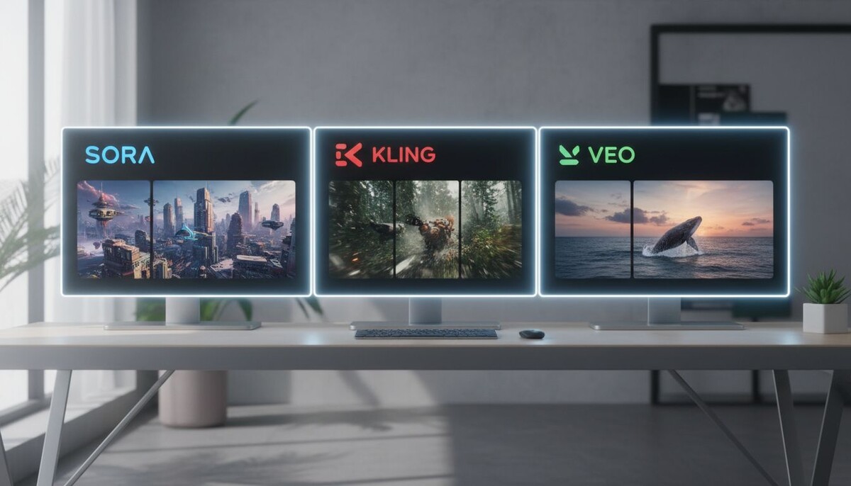 Три интерфейса генерации видео (Sora, Kling, Veo) рядом на одном экране с примерами сгенерированных кадров. Каждый блок визуально отделён, подчёркивая особенности моделей.
