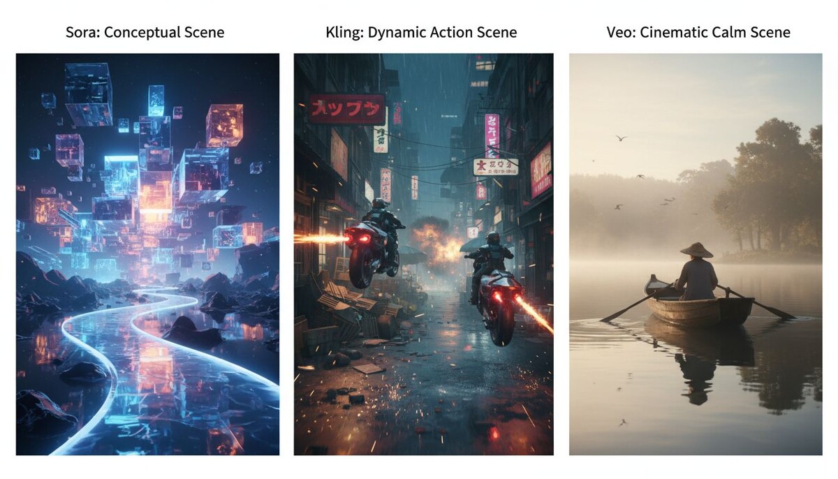 Сравнение трёх видеосцен: концептуальный стиль Sora, динамичный кадр от Kling и более кинематографичная сцена от Veo. Наглядная демонстрация различий в темпе и визуальной подаче.