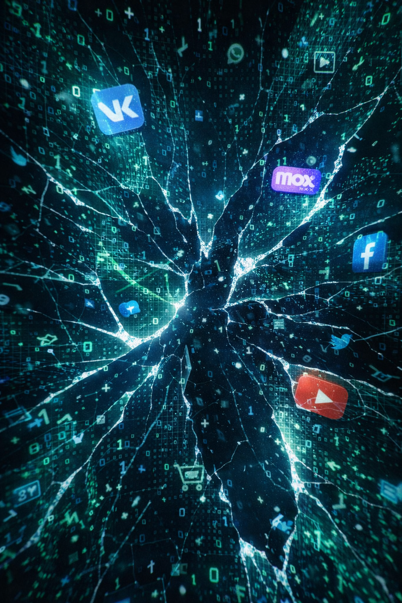 Матрица из логотипов и кода покрывается стеклянными трещинами, почти рассыпаясь