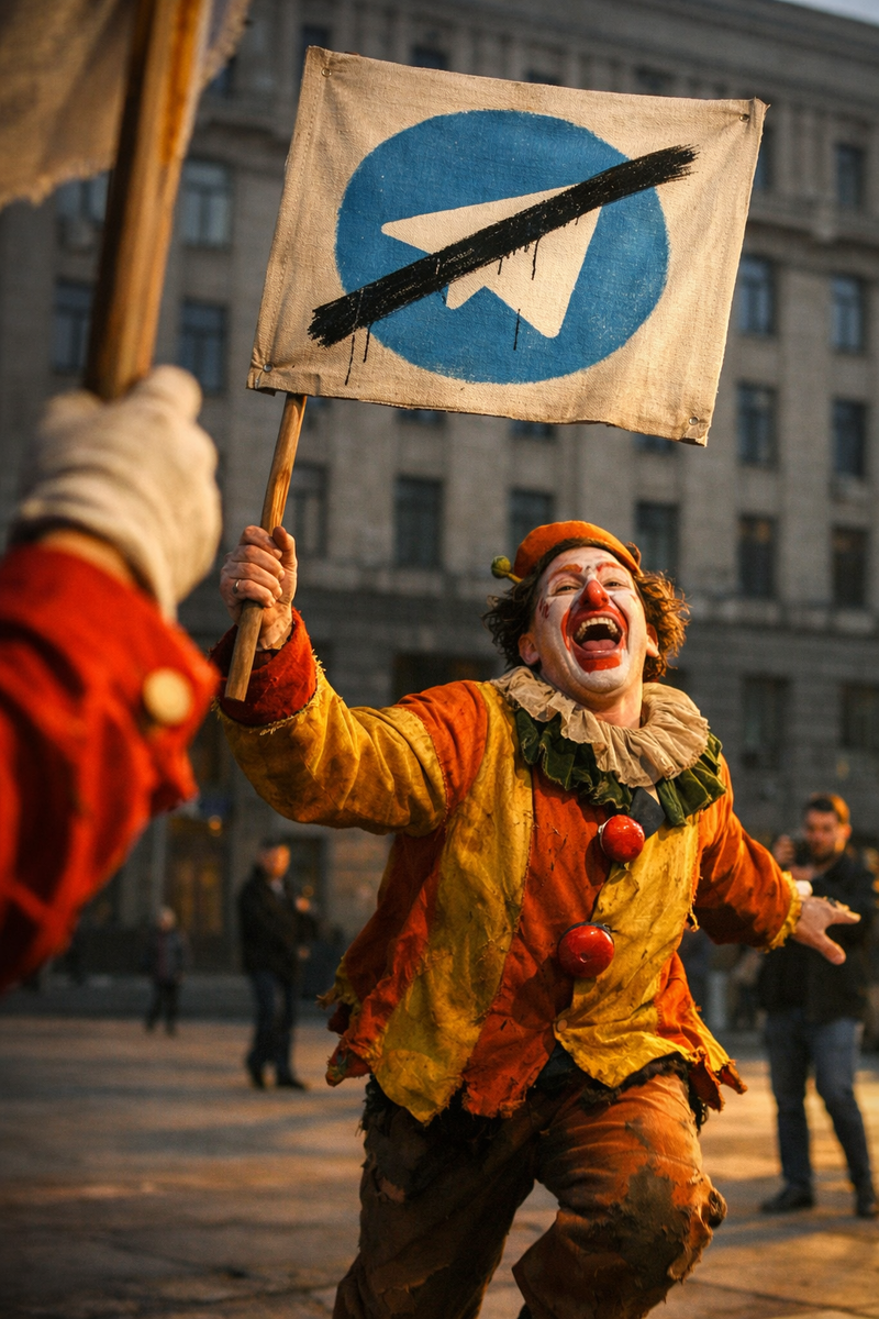 Клоун хохочет на площади, размахивая перечёркнутым символом Telegram на закате.
