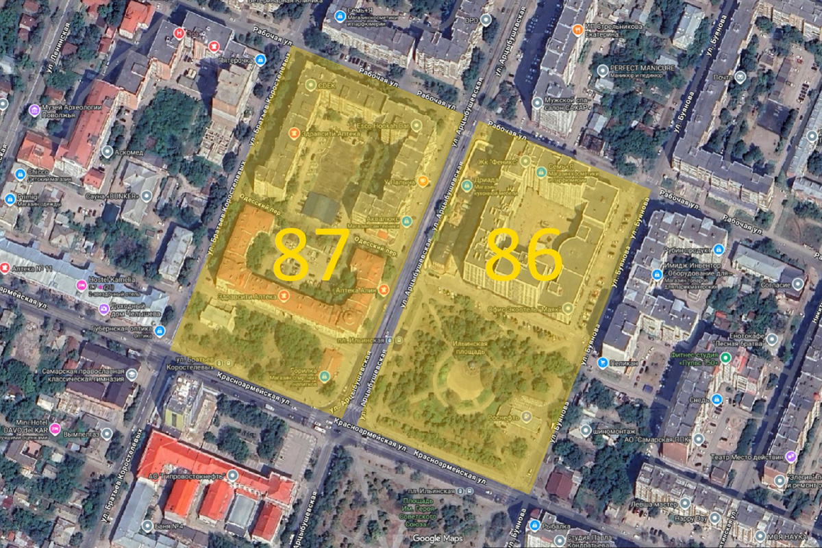Кварталы №86 и №87 на карте современной Самары