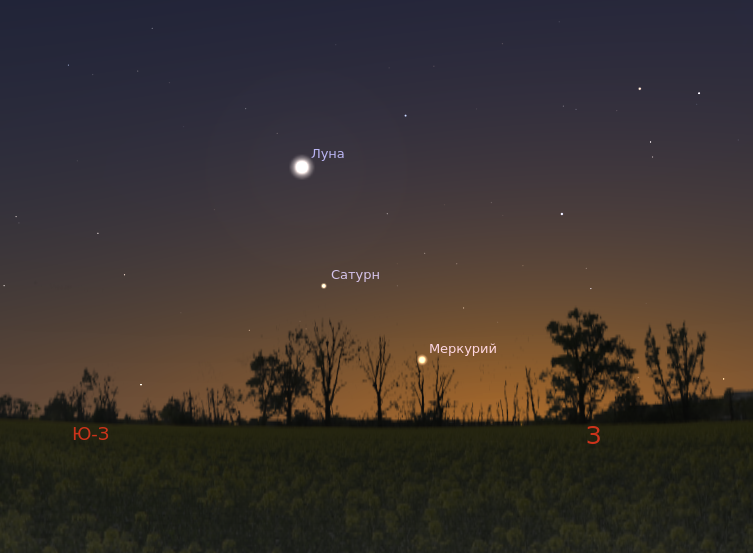 Луна, Сатурн и Меркурий вечером 20 февраля