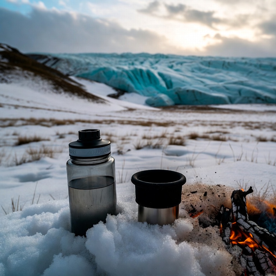    Широкогорлая бутылка в термочехле готова к работе у подножия Белухи. President5621