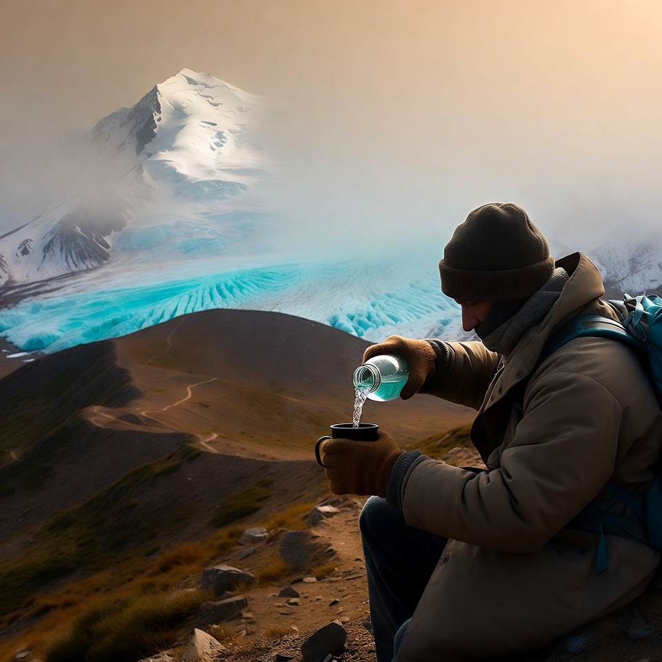    Путешественник на перевале наполняет кружку из бутылки широкое горло и термочехла. President5621