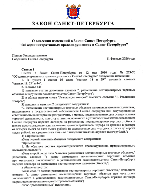    С 1 марта в Петербурге начнут штрафовать за несогласованное размещение НТО Автор фото: Скриншот сайта официального опубликования