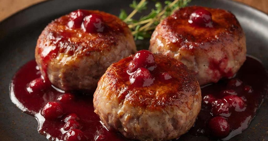 Кабаньи биточки с яблоком и луком в ягодном соусе