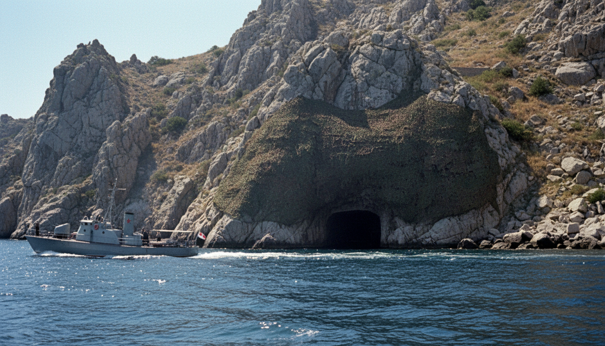 Замаскированный вход в подземную базу подводных лодок в скале