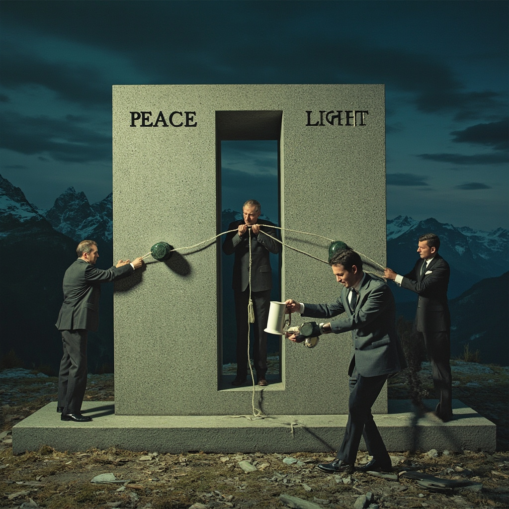  Гигантский каменный выключатель с надписью "МИР"  на одной стороне и "СВЕТ" - на другой. Две фигуры в костюмах тянут его в противоположных направлениях , в то время  как третья фигура ( британский дипломат) пытается налить чай на механизм . На заднем плане : Швейцарские Альпы ночью. 