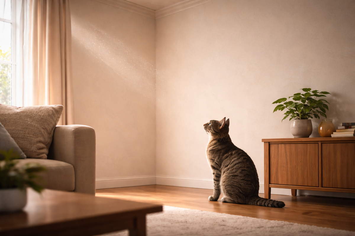 Кошка замирает у пустого угла: чаще это слух и инстинкты, а не мистика.