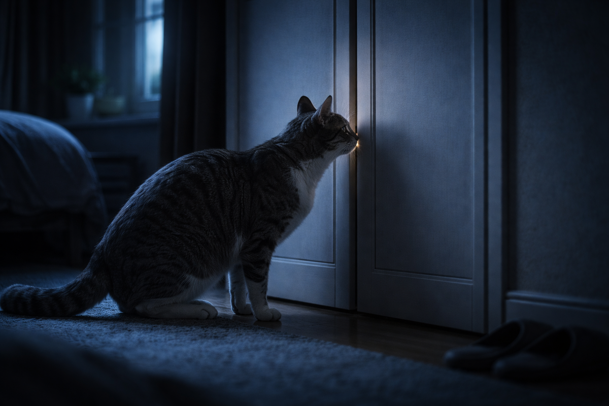 Тихий шорох за шкафом: кошка прислушивается и “наводит” уши на источник звука.