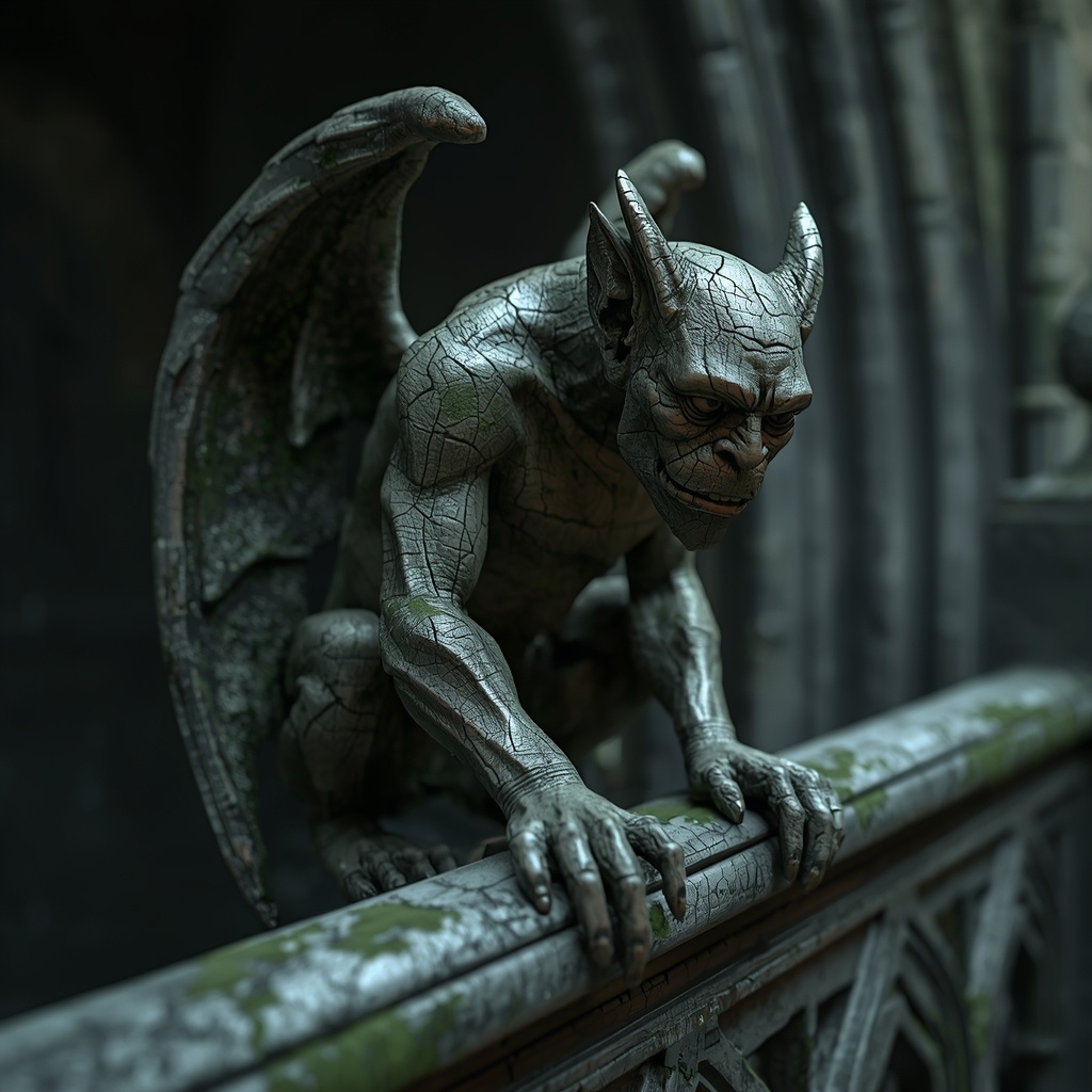 Гиперреалистичное изображение горгульи, сидящей на парапете собора. ИИ добавил текстуры мха и трещин.