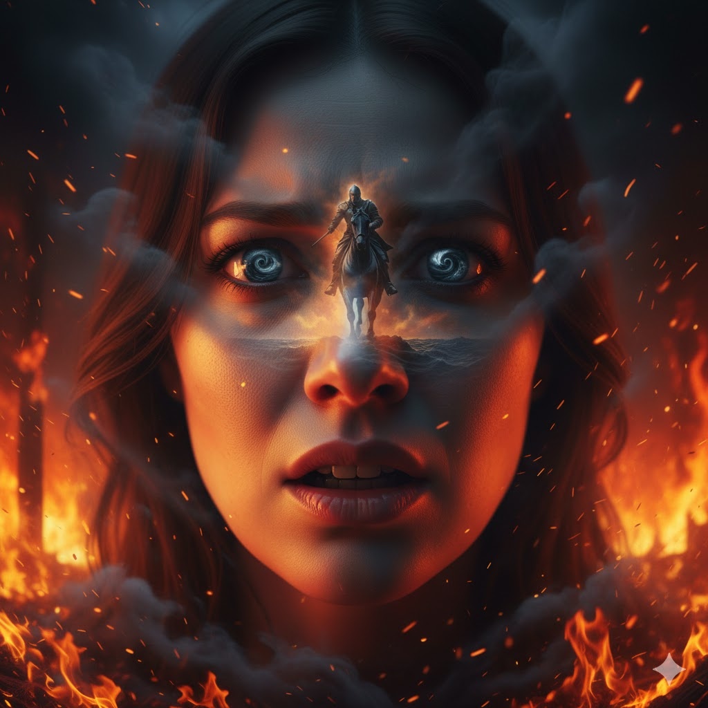 "Глаза Ноосферы: Сквозь пламя Инферно", иллюстрация создана сетью Джемини