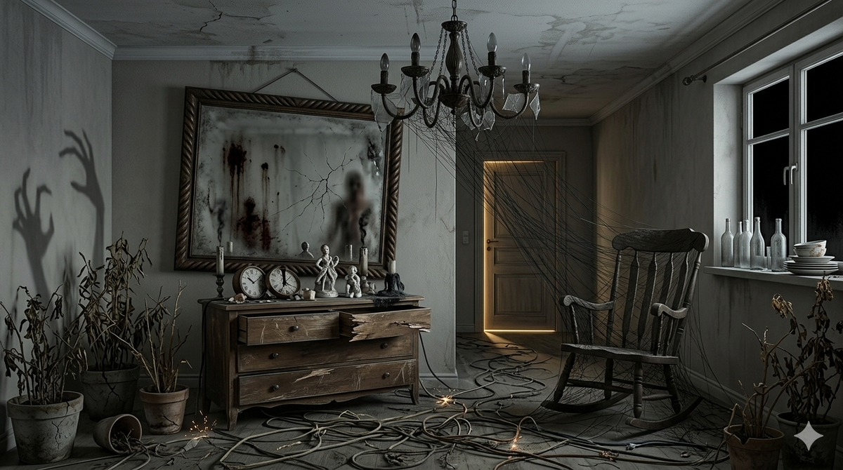 Эта комната не просто неидеальна — она тяжелая. Кривое зеркало, в котором реальность искажается. Сломанные часы, застывшие в моменте, который давно пора отпустить. Мёртвые цветы, провода узлами, люстра с перегоревшими лампами. Здесь не отдыхаешь — здесь оседаешь. Если ваш дом стал местом усталости, а не восстановления — пора навести порядок. Не косметический. Энергетический. 🕯️