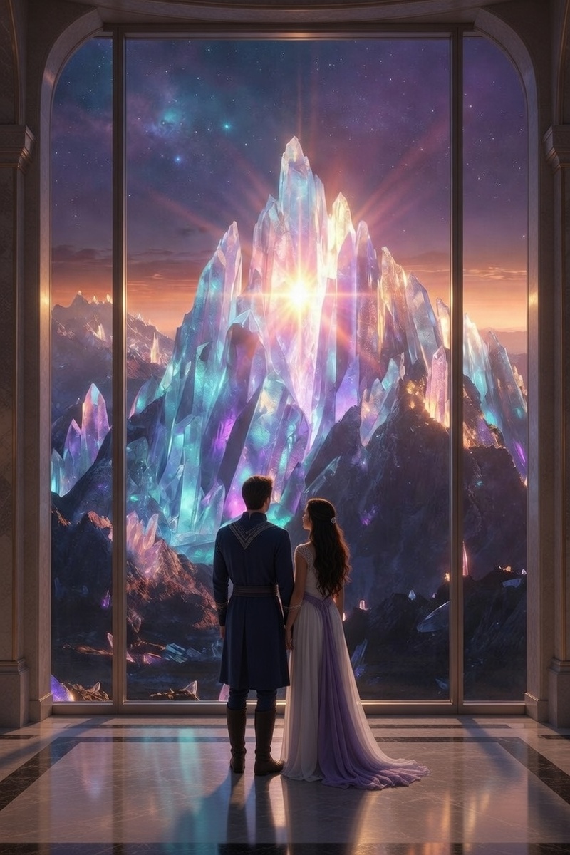 "Джон, Лианна и утренняя музыка поющих хрустальных гор", иллюстрация создана сетью Грок