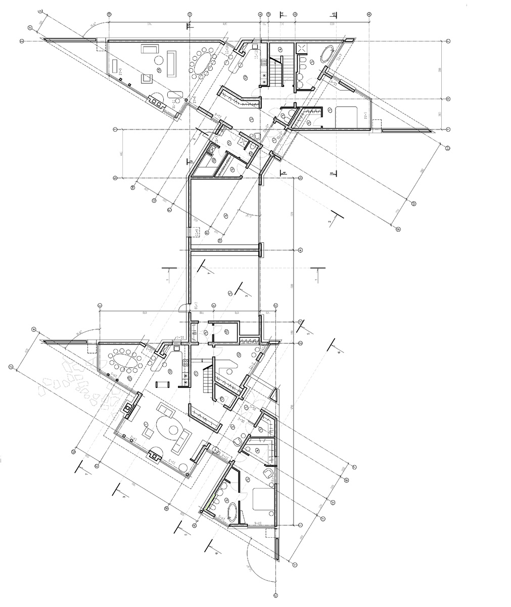 Оригинальность идеи в пространствах основанных на треугольнике и в интеграции оранжереи в одну из вилл (Совместно с Донатасом Чернецким). Внимание уделено камерности и видовым перспективам на реку