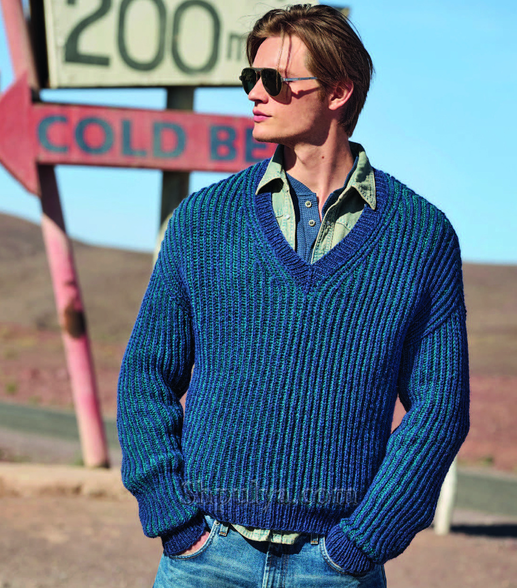 Вязаный пуловер с V-образным вырезом и патентным узором для мужчины
