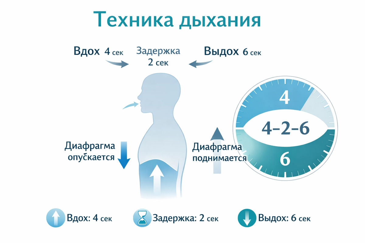  «Техника диафрагмального дыхания: вдох на 4 счёта, задержка на 2, выдох на 6»