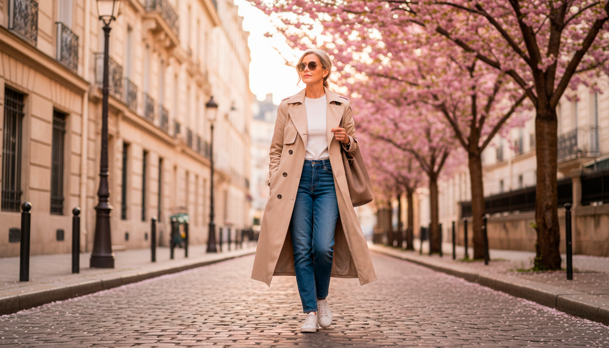 Тренч, джинсы, белые кроссовки. Всё просто, но посмотрите, как это выглядит.