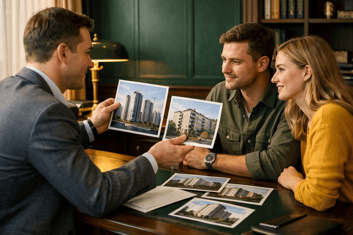 Пара обсуждает с экспертом, что выгоднее купить в 2026 году — квартиру в новостройке или на вторичном рынке