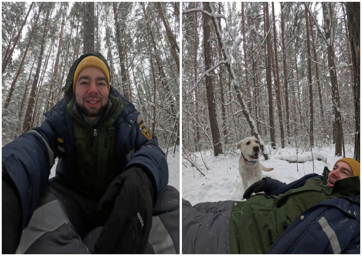 «Закладываясь» для поиска, Антон приговаривает: «Я грибник, я обычный потерявшийся грибник, который пошел искать грибы… зимой»