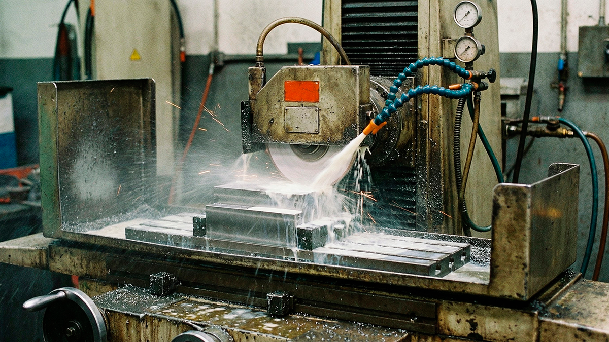 Процесс шлифования заготовки на станке с применением СОЖ