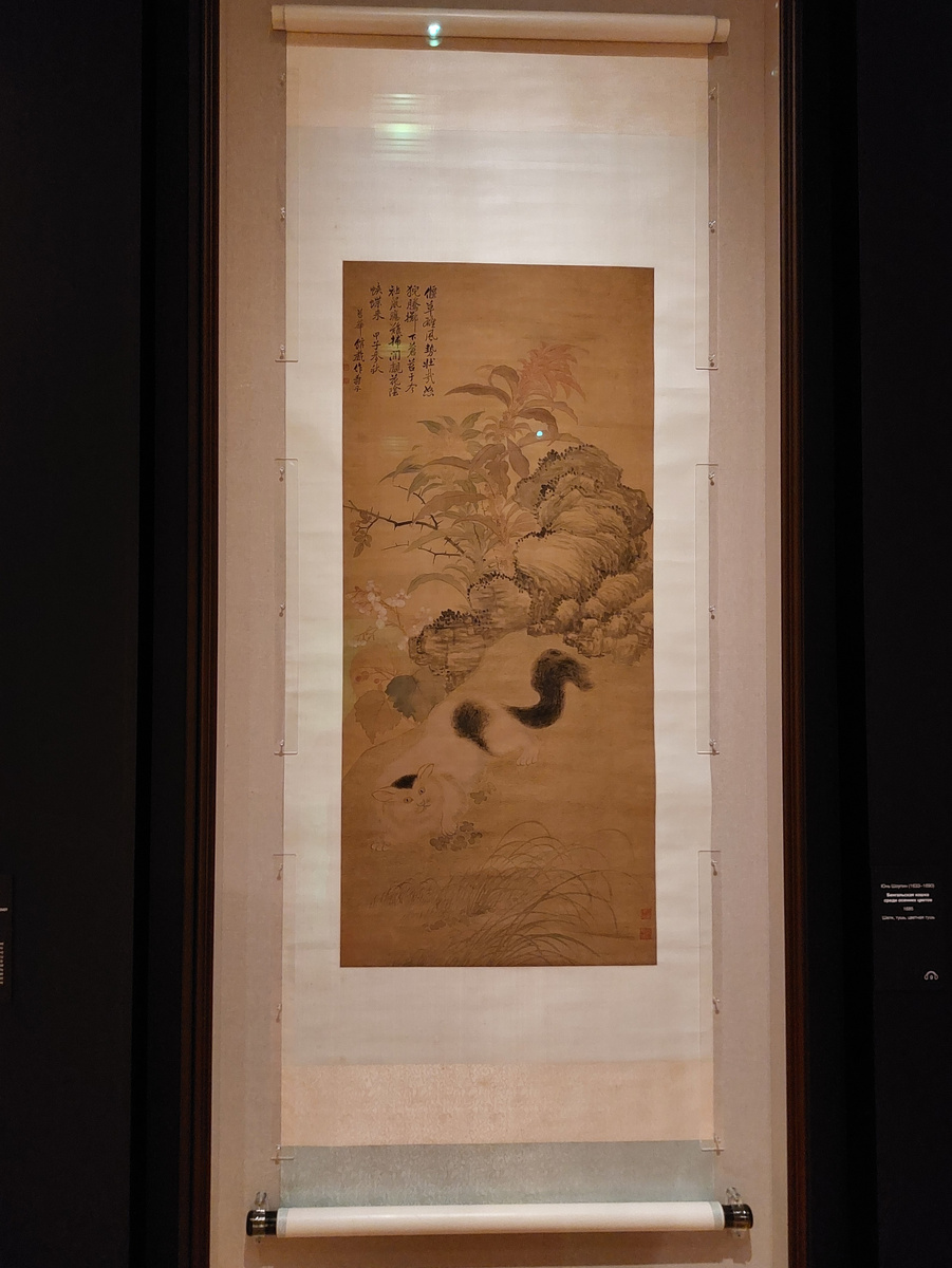 Юнь Шоупин (1633-1690). Бенгальская кошка среди осенних цветов. 1685. Шелк, тушь, цветная тушь